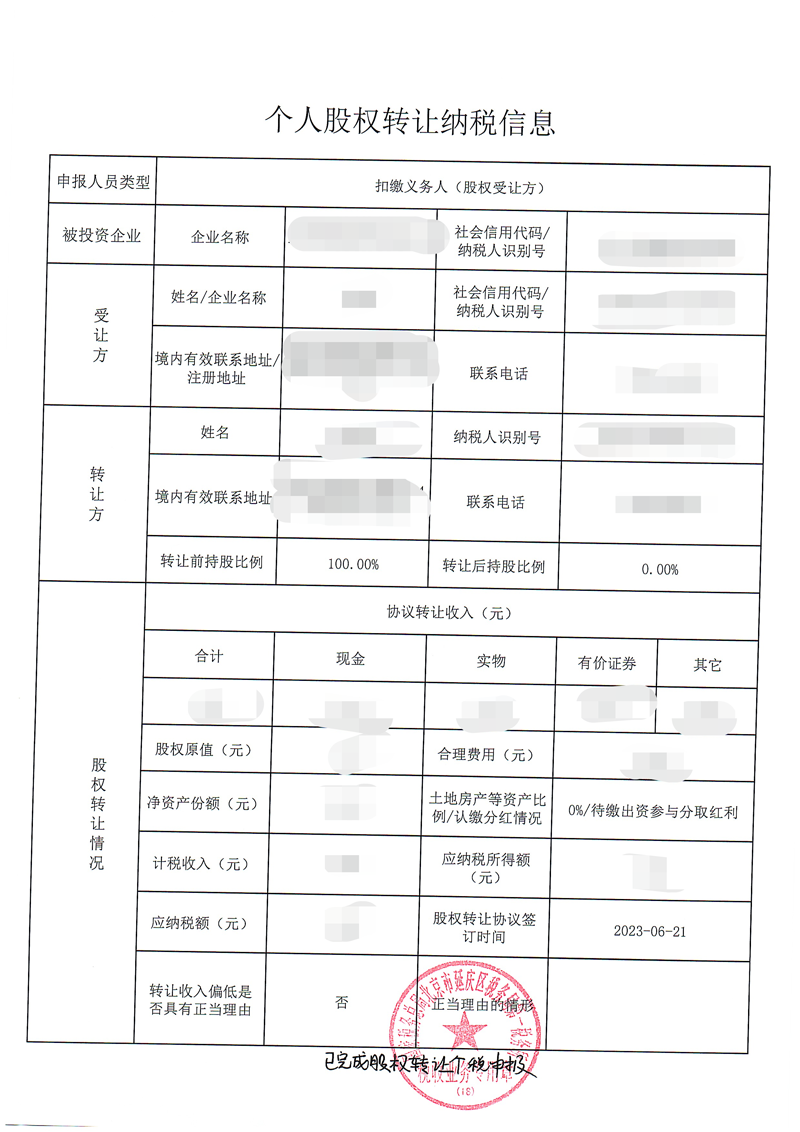 股权转让案例：2023年6月21日为客户完成个人股权转让